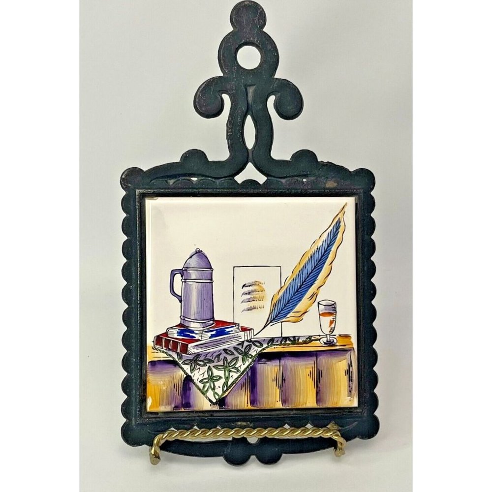 Vtg Cast Iron Metal Wall Trivet hand painted Tile Writer Enthusiasm Japan